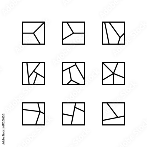 Set of geometric linear shapes. Large mosaic, broken shapes. Collection of linear rectangular icons. Minimalist geometric design elements for game, exhibition. Editable stroke. Vector