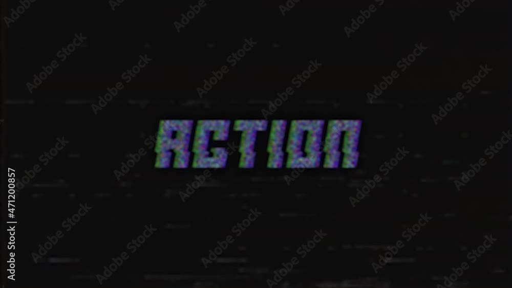 ACTION retro VHS TV screen with glitch effect. Looped glitch animation ...