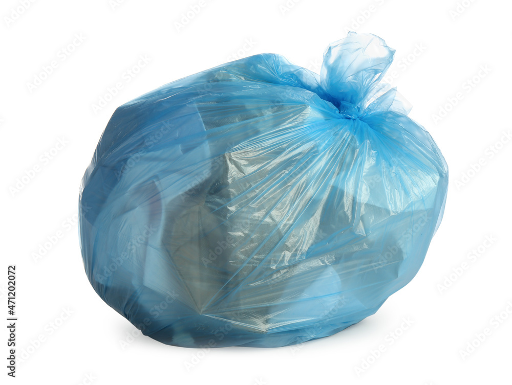 Fototapeta premium Blue trash bag filled with garbage isolated on white