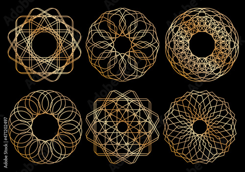 Spirograph patterns set. Twisted lines abstract shapes. Guilloche frames for certificate, diploma, money, official documents watermarks. Guilloche pattern, intricacy line elements, spirograph shapes
