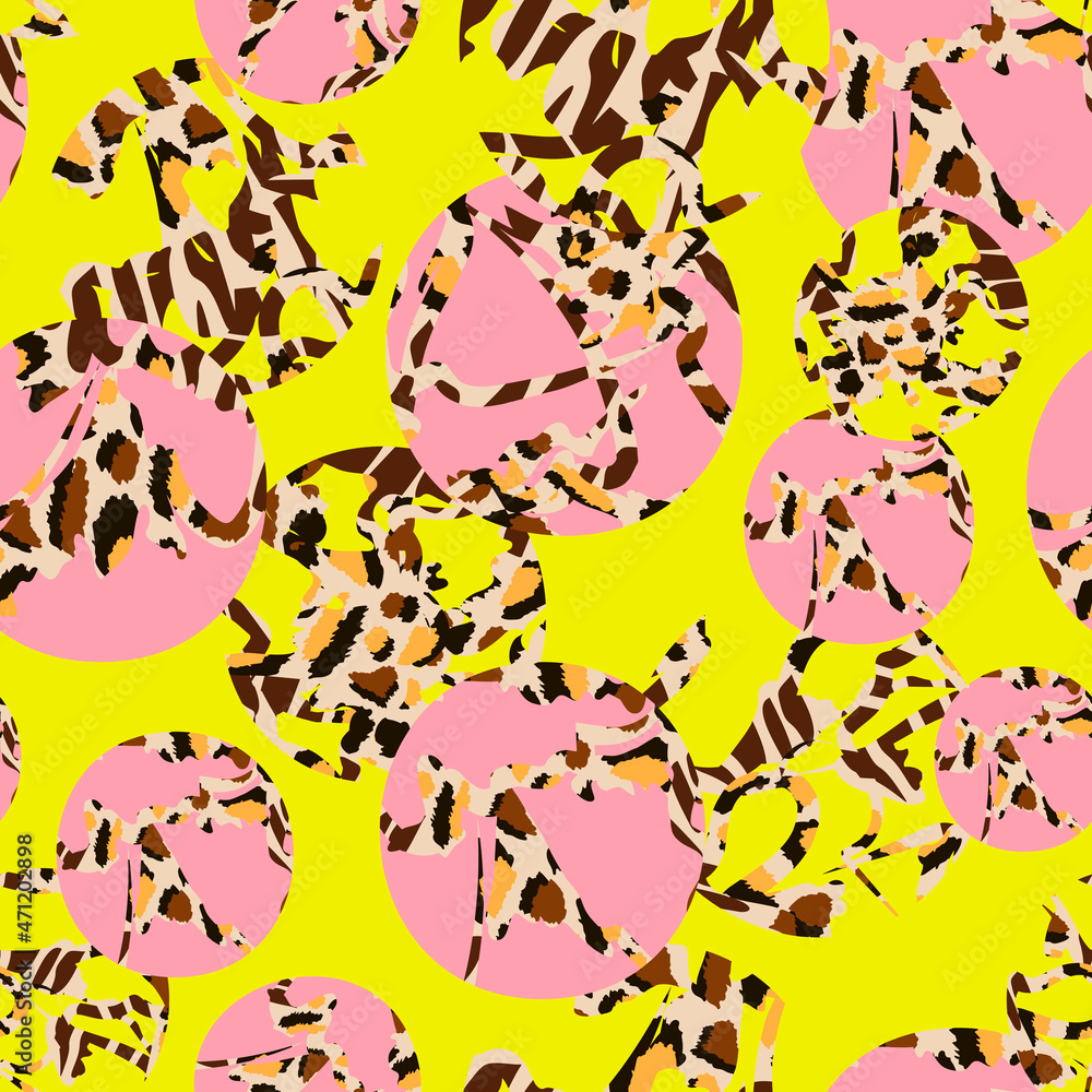 Obraz premium Abstract leopard style vector seamless pattern. Bright pink circles with Spotted contours like animal skin on green yellow background. Template for design, textile, wallpaper, ceramics.