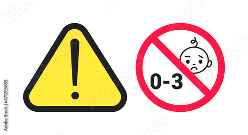 Choking hazard forbidden sign sticker not suitable for children under 3 years isolated on white background vector illustration. Warning triangle, sharp edges and small parts danger.