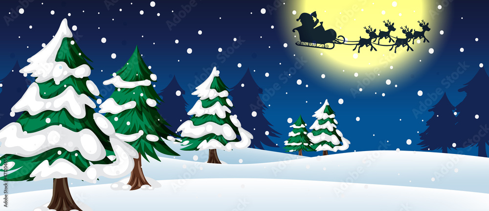 Snow falling at night background with Christmas tree