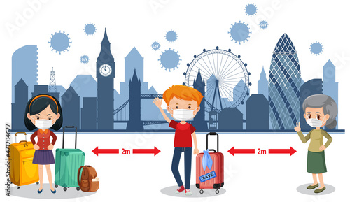 Social distancing with tourists waiting in a queue