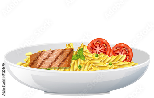 Pasta fusilli with fish steak and tomato