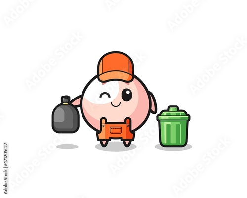 the mascot of cute meatbun as garbage collector