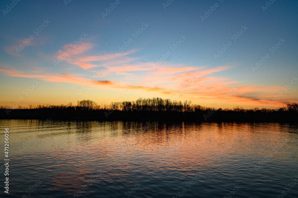 sunset, dawn at the danube river near au an der donau, upper austria