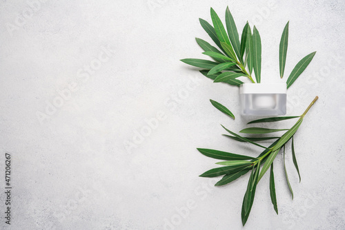 Cosmetic products in glass jar  on light gray stone spa background with branches of green plant and pebble stone