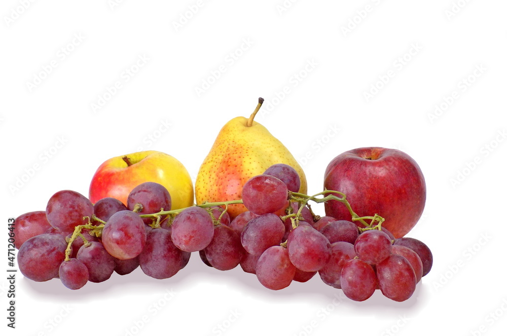 Fruits. Grapes, apples, pear on a white background. Fruits. Grapes, apples, pear on a white background.