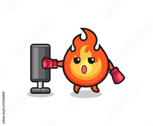 fire boxer cartoon doing training with punching bag