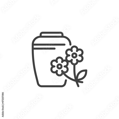 Funeral urn and flowers line icon