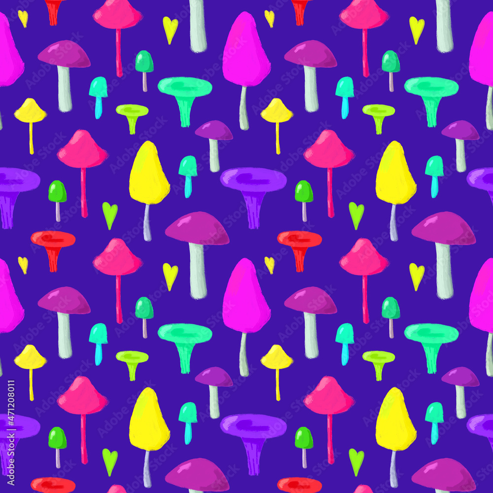 Neon mushrooms on violet background seamless pattern. Bright colorful toadstools. fungus repeat print. Ultraviolet mushroom repeat print. Neon mushrooms on violet background seamless pattern. Bright colorful toadstools. fungus repeat print. Ultraviolet mushroom repeat print.