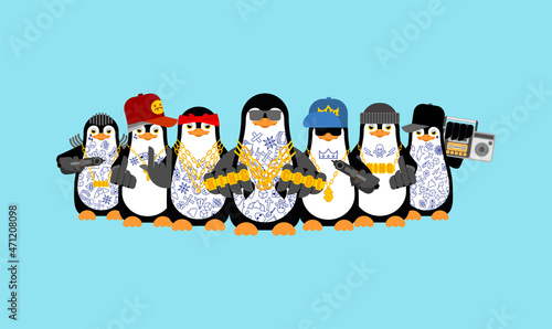 Penguin mafia gang Gangsta. Angry seabird bully member of gang of street criminals. Tattoos and weapons, gold chain and gun