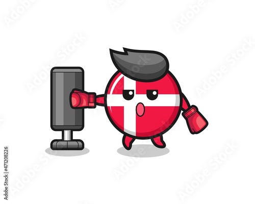 denmark flag boxer cartoon doing training with punching bag