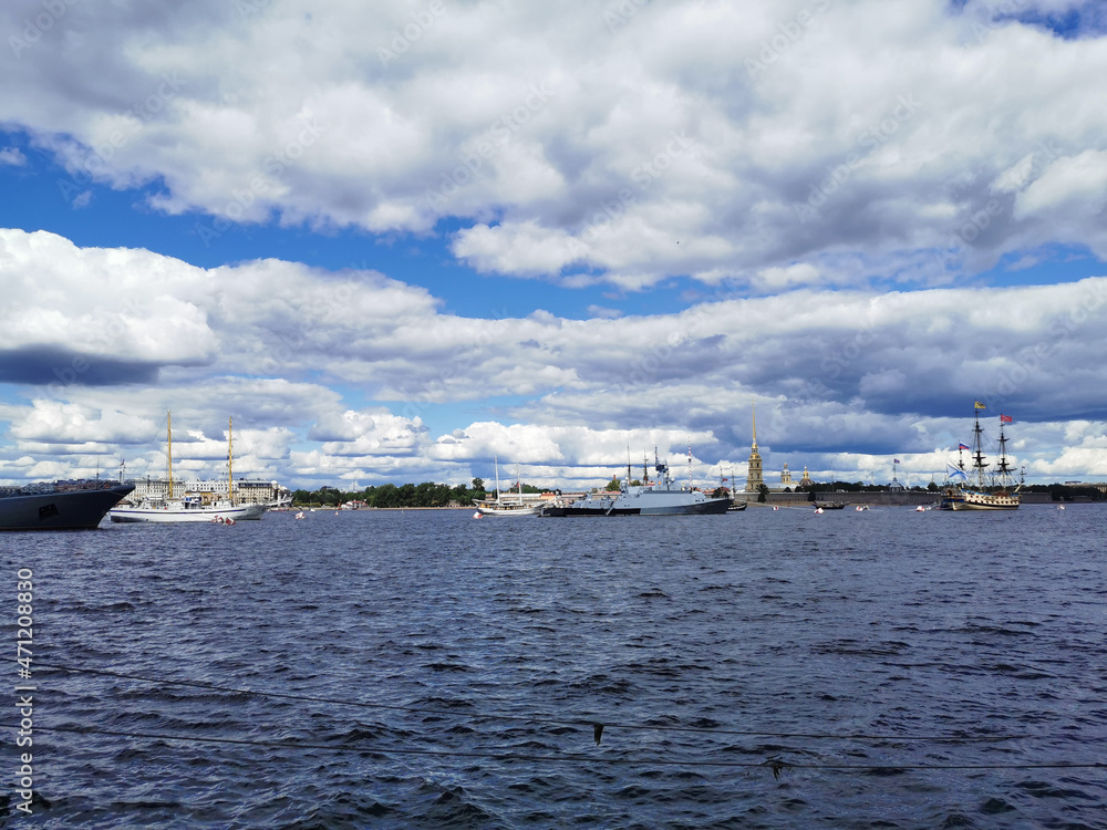 Warships, frigates and sailboats built in the Neva water area for the Day of the Navy in St. Petersburg.