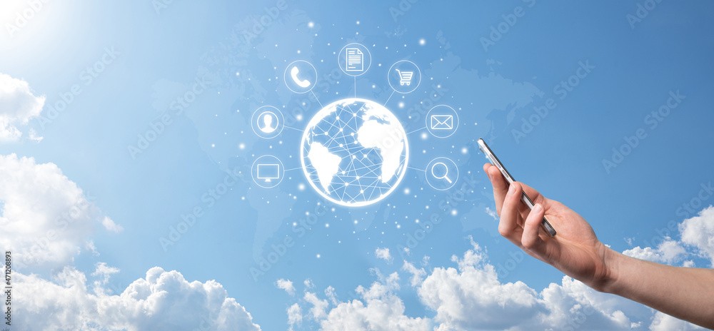 Business man hiold, use,press infographic icon of community technology ...