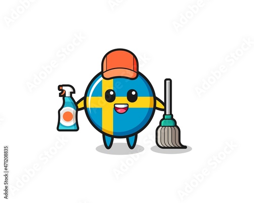 cute sweden flag character as cleaning services mascot