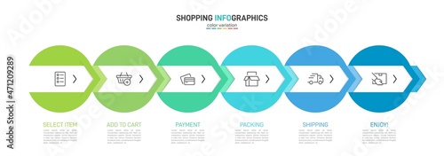 Concept of shopping process with 6 successive steps. Six colorful graphic elements. Timeline design for brochure, presentation, web site. Infographic design layout.