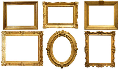 Gold frame for a picture in a classic baroque style on a white blank background.