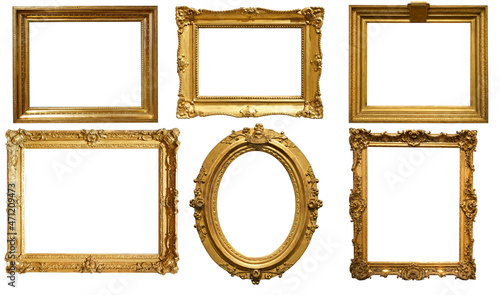 Gold frame for a picture in a classic baroque style on a white blank background.