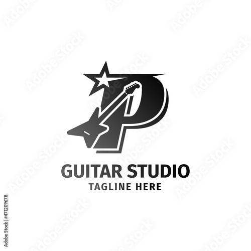 letter P electric guitar and star decoration vector logo design element