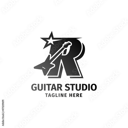 letter R electric guitar and star decoration vector logo design element