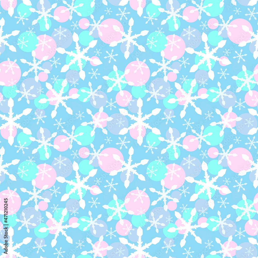 Snowflakes and balls in pastel background. Children's winter print. Seamless Christmas pattern. Crystals, soft pink and soft blue circles 