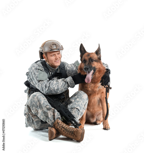 Soldier with military working dog on white background