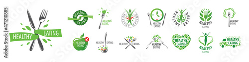 A set of vector Healthy Food logos on a white background
