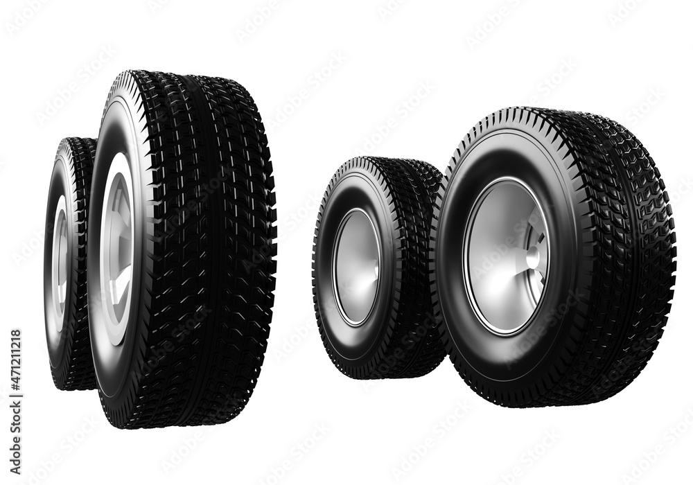 Car wheel. Four car tires with disks. Wheels are rolling one after