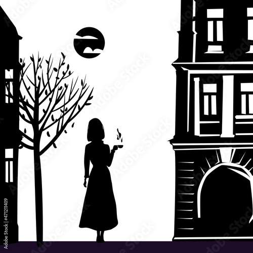 Silhouette elegant girl with cup of coffee, city, autumn, buildings, mood, black color. Vector illustration