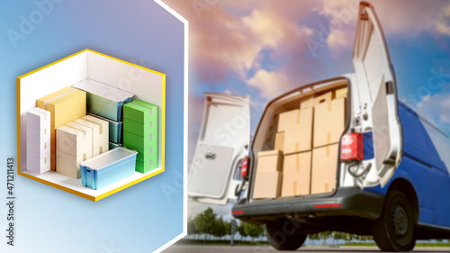 warehouse logistics concept. Car loaded with boxes next to container. Self storage with different boxes. Warehouse logistics items are nearby. Open van is waiting for unloading. Soft focus