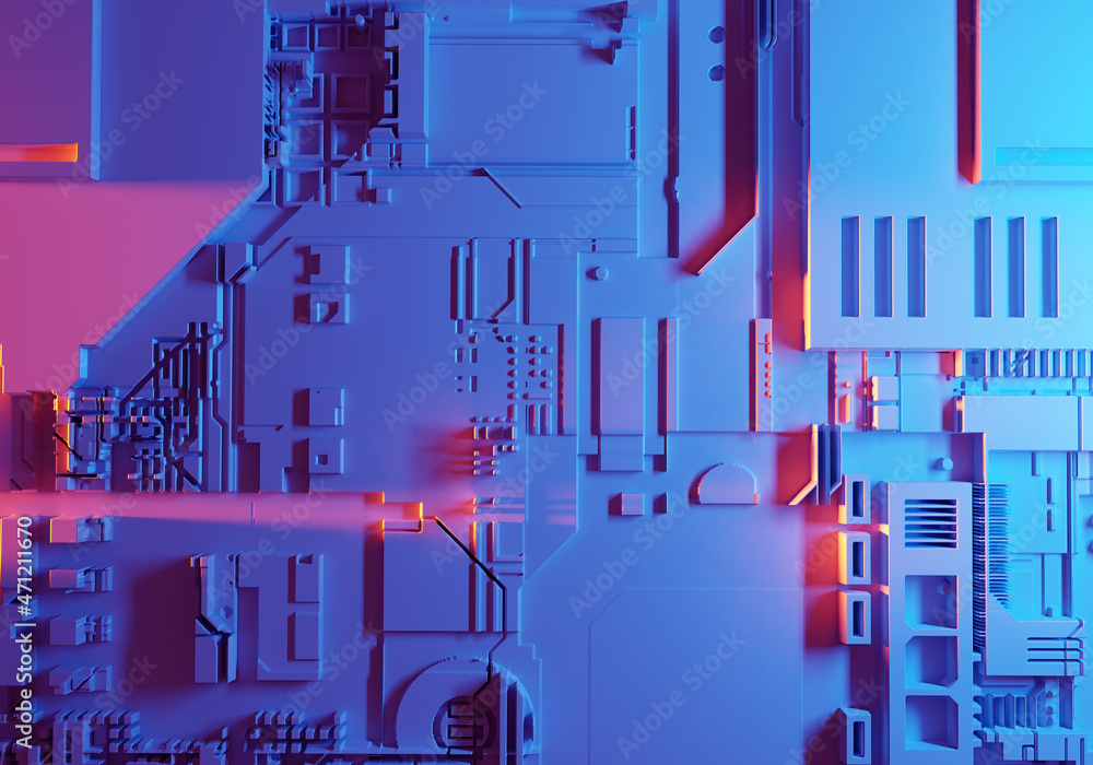 Modern technologies concept. Microelectronic circuit board. Blue