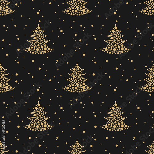Golden fir-trees with snow on black background. Forest blizzard. seamless winter pattern with spruce
