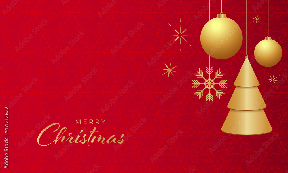 Golden Merry Christmas Font With 3D Baubles, Xmas Tree Hang On Red Snowflakes Pattern Background.