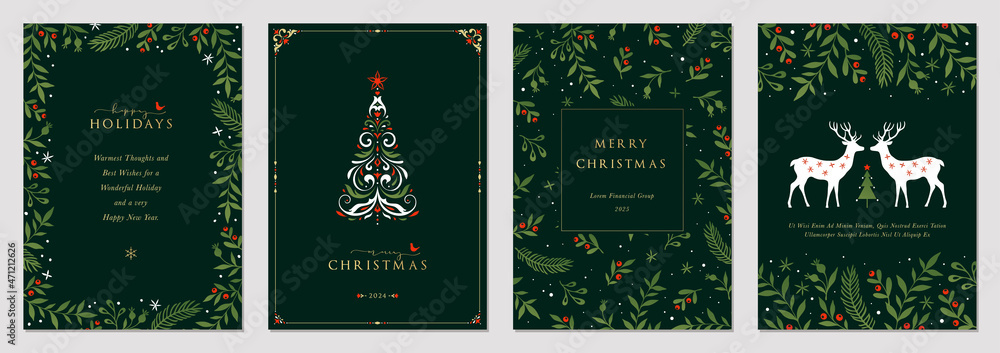 Traditional Corporate Holiday cards with Christmas tree, reindeers, birds, ornate floral frames, background and copy space. Universal artistic templates. - obrazy, fototapety, plakaty 