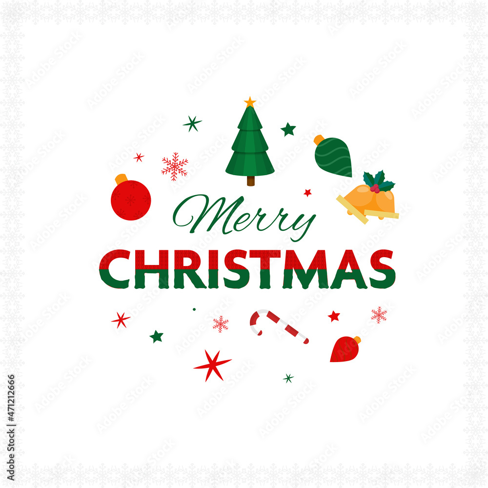 Merry Christmas Font With Paper Cut Xmas Tree, Baubles, Jingle Bells, Candy Cane, Star And Snowflakes On White Background.