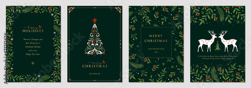 Traditional Corporate Holiday cards with Christmas tree, reindeers, birds, ornate floral frames, background and copy space. Universal artistic templates.