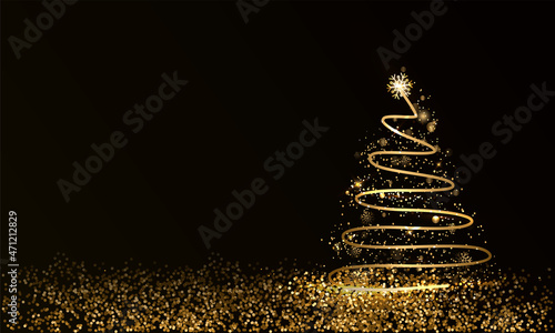 Golden Swirl Christmas Tree With Snowflake And Glittering On Black Background.