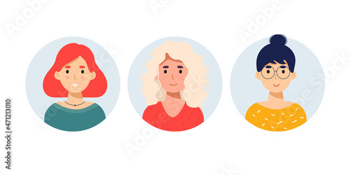 set of woman smiles. The woman with red hair, girl in glasses, woman with white hair . Office manager, designer, entrepreneur. Vector illustration. flat avatar