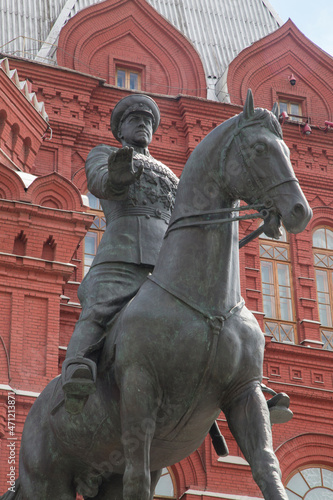 MOSCOW / RUSSIA: 01/07/2021 Memorial to Marshal Zhukov statue at Manezhnaya Square. Georgy Zhukov on horseback trampling over defeated German banners as a sign of victory in the second world war photo