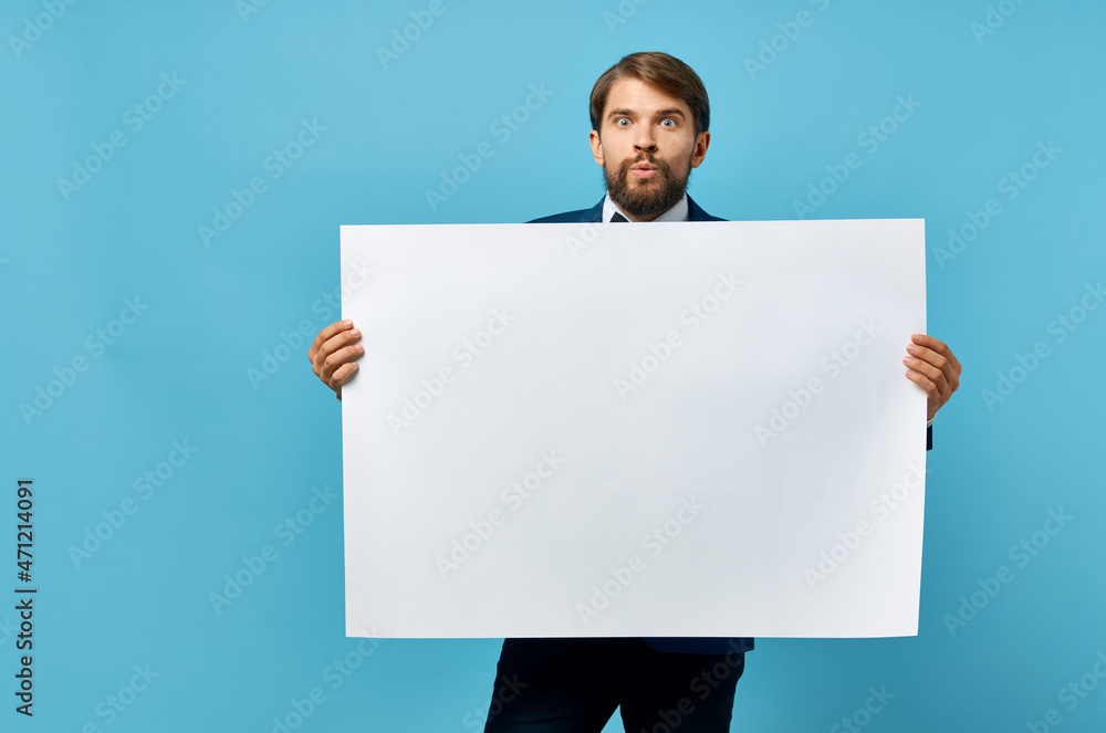 businessmen white banner in hand blank sheet presentation copy-space studio businessmen white banner in hand blank sheet presentation copy-space studio