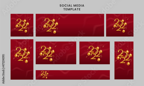 Set Of Social Media Template And Header Design With Golden 2022 Number  Clock  Baubles Hang On Red Silk Background.