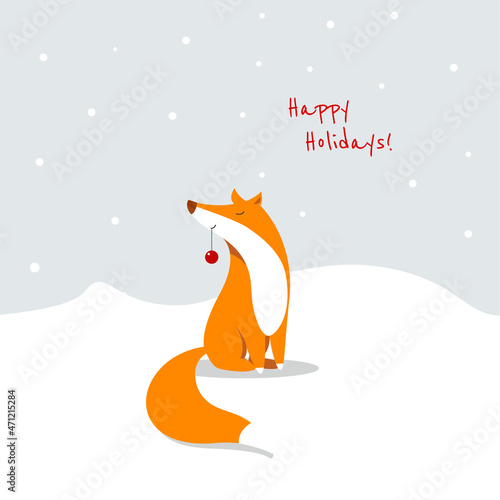 New Year's cute fox with New Year's toys. Celebrations card design with cute tiger illustration. Merry Christmas and Happy New Year. Happy Holidays.
