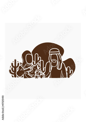 Editable Flat Monochrome Style Arab Lady Pouring Arabic Coffee From Dallah Pot into Finjan Cup for Her Husband Vector Illustration for Islamic Moments or Arabian Culture Cafe and Family Related Design