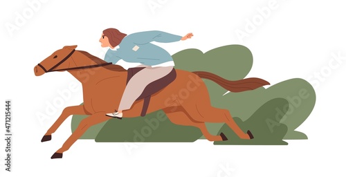 Person hurrying and rushing to aim. Fast life with ambitions and aspirations concept. Ambitious woman riding on horseback. Female horse rider. Flat vector illustration isolated on white background