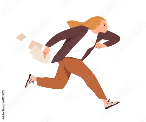 Busy office worker running fast, hurrying on urgent businesses. Anxious troubled employee rushing. Stressed nervous woman is late with deadlines. Flat vector illustration isolated on white background