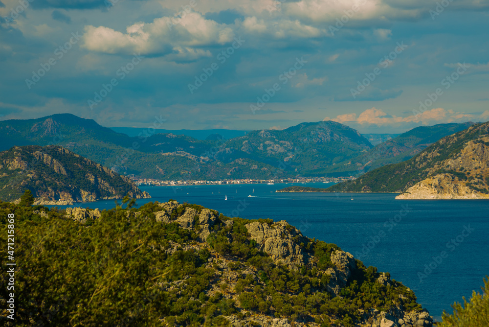 MARMARIS, TURKEY: Top view of the bay and Marmaris from the ruins of the ancient city of Amos. MARMARIS, TURKEY: Top view of the bay and Marmaris from the ruins of the ancient city of Amos.