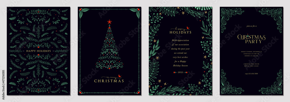 Luxury Corporate Holiday cards with Christmas tree, birds, ornate floral frames, background and copy space. Universal artistic templates. - obrazy, fototapety, plakaty 