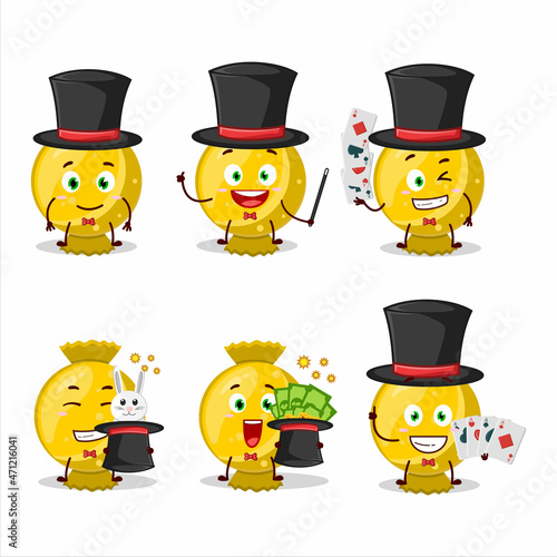 A yellow candy wrap Magician cartoon character perform on a stage